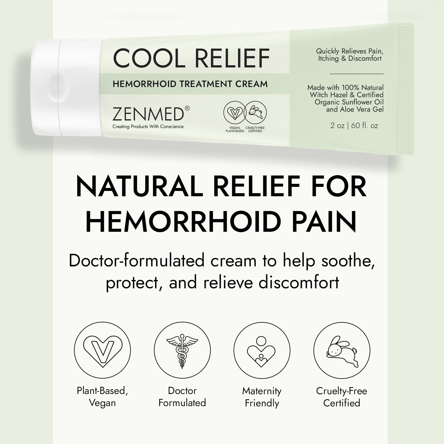 ZENMED Cool Relief - 2 oz Natural Herbal Cream with Organic Ingredients of Hemorrhoids Formula - TrustMedUSA