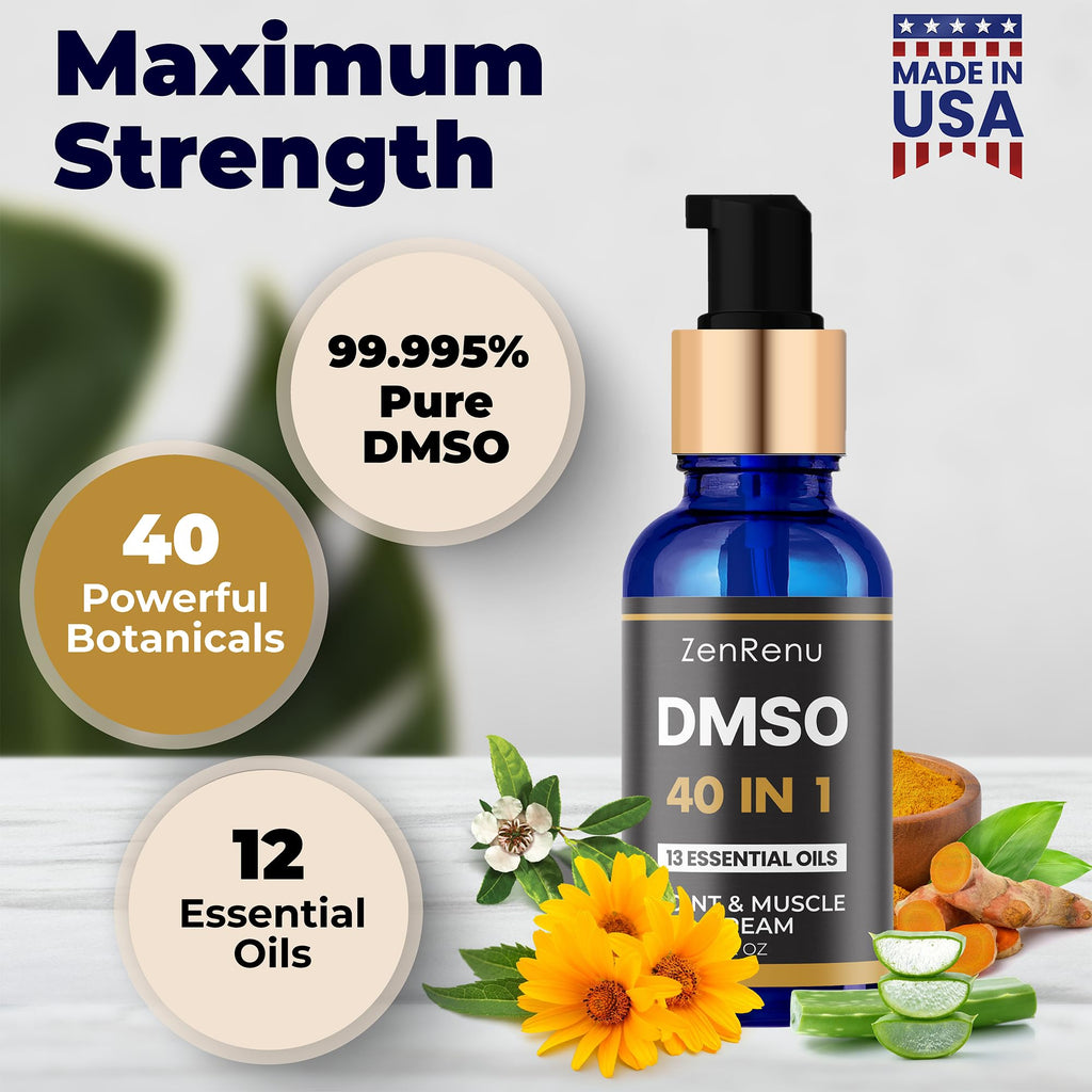 Zenrenu DMSO Cream 99.995% Pure Pharmaceutical Grade - 40-in-1 Advanced Formula -12 Essential Oils, Arnica, Aloe Vera, MSM - Fast-Absorbing Cream – 2 oz Glass Pump Bottle – Made in USA - TrustMedUSA