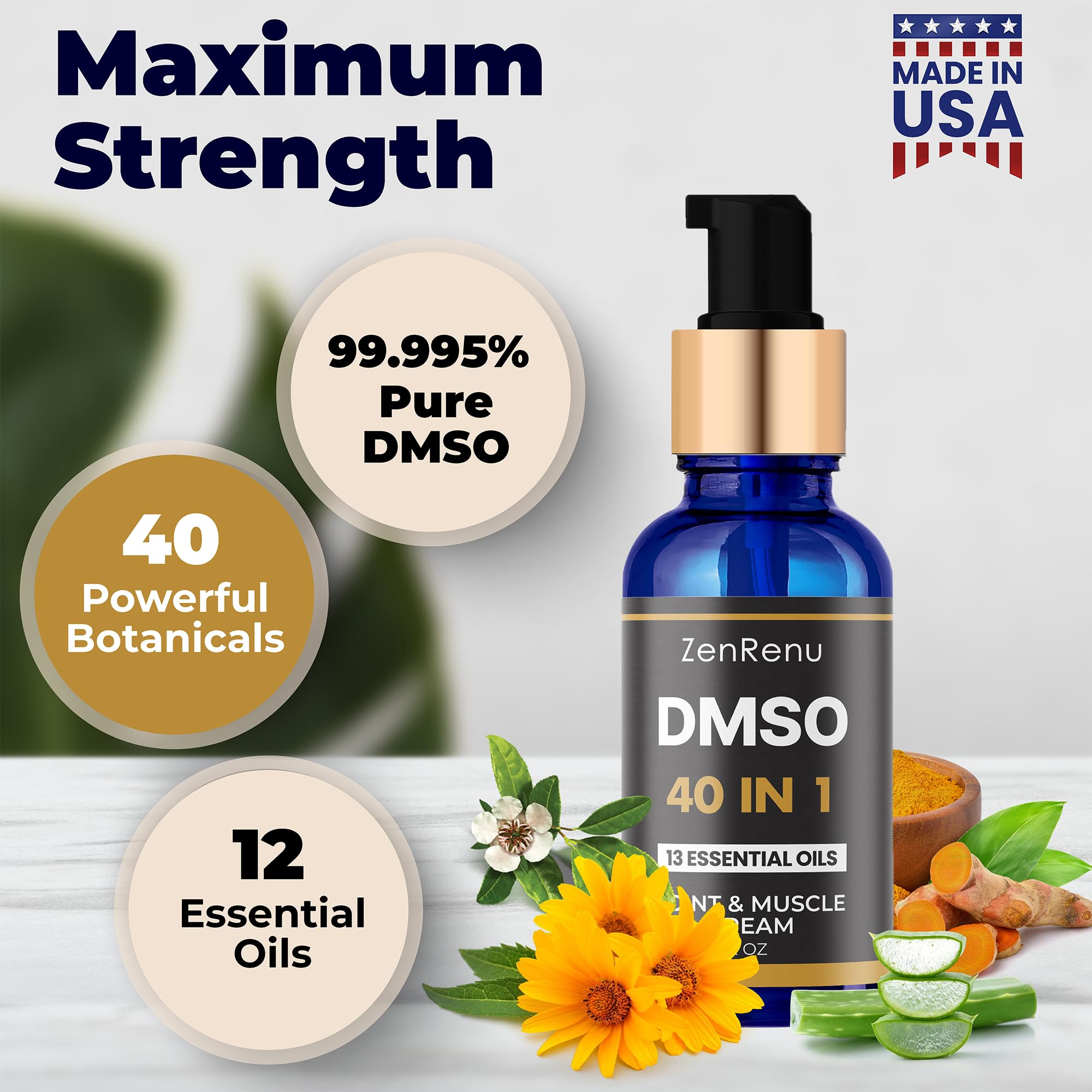 Zenrenu DMSO Cream 99.995% Pure Pharmaceutical Grade - 40-in-1 Advanced Formula -12 Essential Oils, Arnica, Aloe Vera, MSM - Fast-Absorbing Cream – 2 oz Glass Pump Bottle – Made in USA - TrustMedUSA