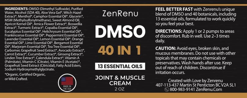 Zenrenu DMSO Cream 99.995% Pure Pharmaceutical Grade - 40-in-1 Advanced Formula -12 Essential Oils, Arnica, Aloe Vera, MSM - Fast-Absorbing Cream – 2 oz Glass Pump Bottle – Made in USA - TrustMedUSA