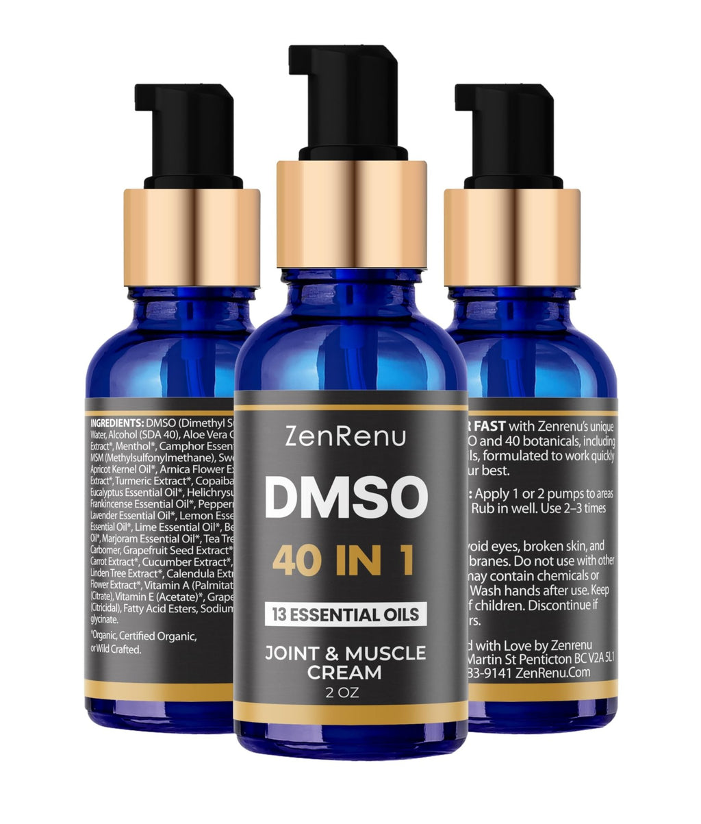 Zenrenu DMSO Cream 99.995% Pure Pharmaceutical Grade - 40-in-1 Advanced Formula -12 Essential Oils, Arnica, Aloe Vera, MSM - Fast-Absorbing Cream – 2 oz Glass Pump Bottle – Made in USA - TrustMedUSA