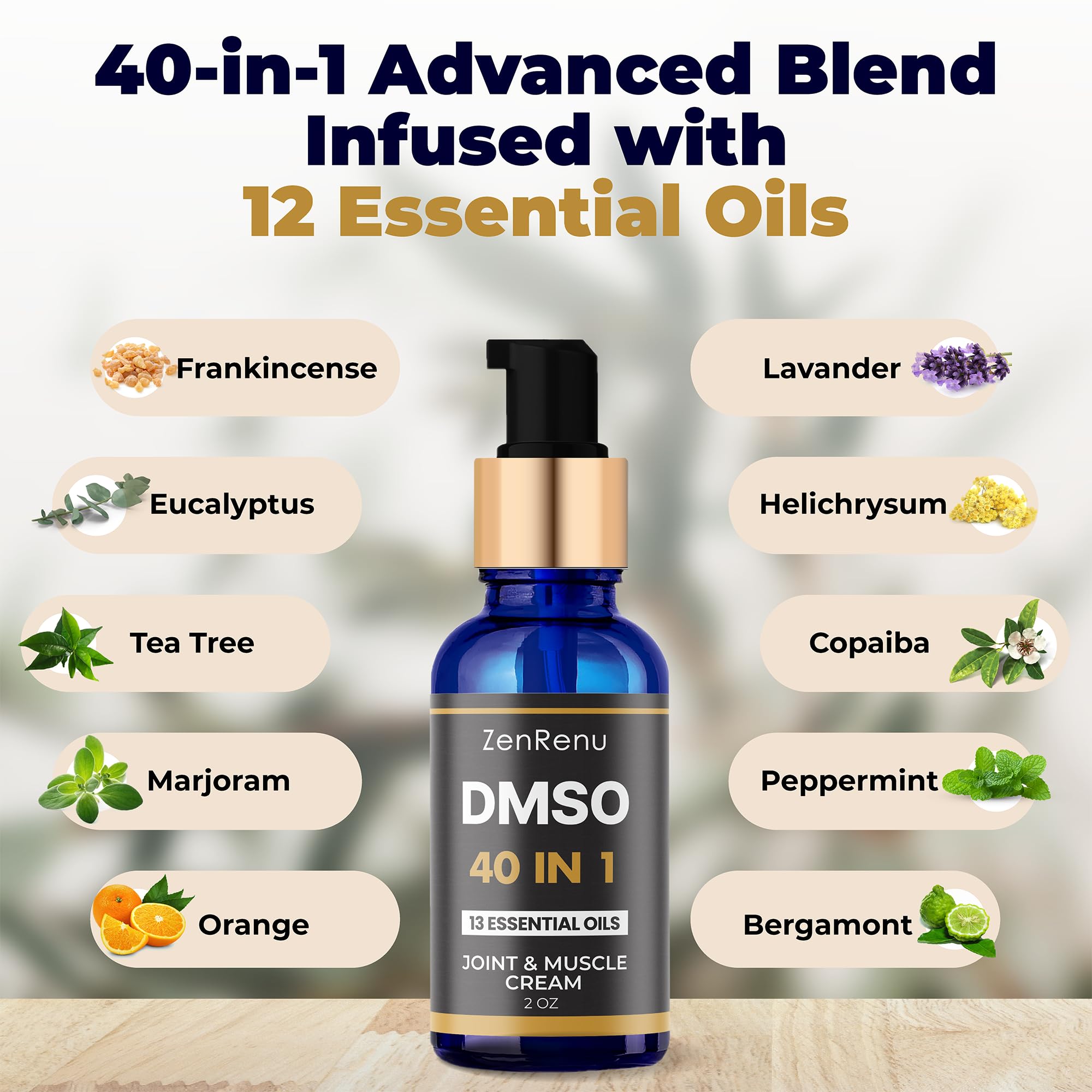 Zenrenu DMSO Cream 99.995% Pure Pharmaceutical Grade - 40-in-1 Advanced Formula -12 Essential Oils, Arnica, Aloe Vera, MSM - Fast-Absorbing Cream – 2 oz Glass Pump Bottle – Made in USA - TrustMedUSA