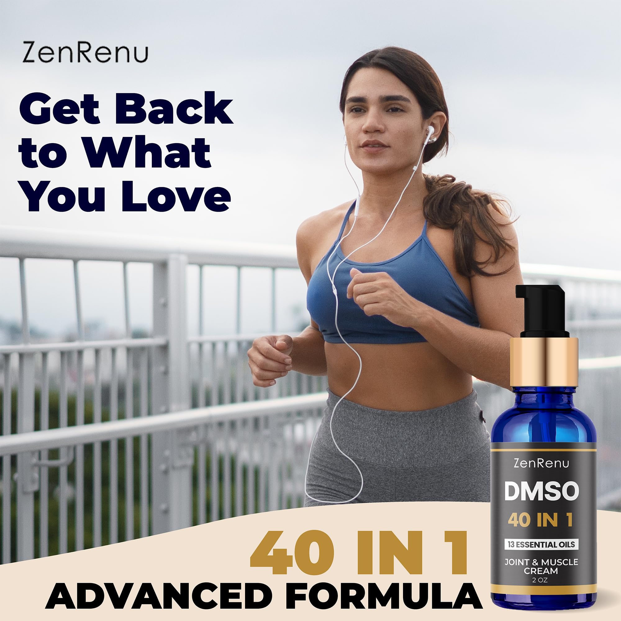 Zenrenu DMSO Cream 99.995% Pure Pharmaceutical Grade - 40-in-1 Advanced Formula -12 Essential Oils, Arnica, Aloe Vera, MSM - Fast-Absorbing Cream – 2 oz Glass Pump Bottle – Made in USA - TrustMedUSA