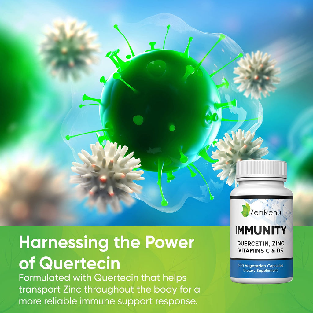 Zenrenu Immunity Quercetin 700 mg Zinc Vitamin C Vitamin D Immune Support Supplement with Curcumin - Easy to Absorb Immunity Supplement, 100 Vegetarian Capsules 50 Day Supply - TrustMedUSA
