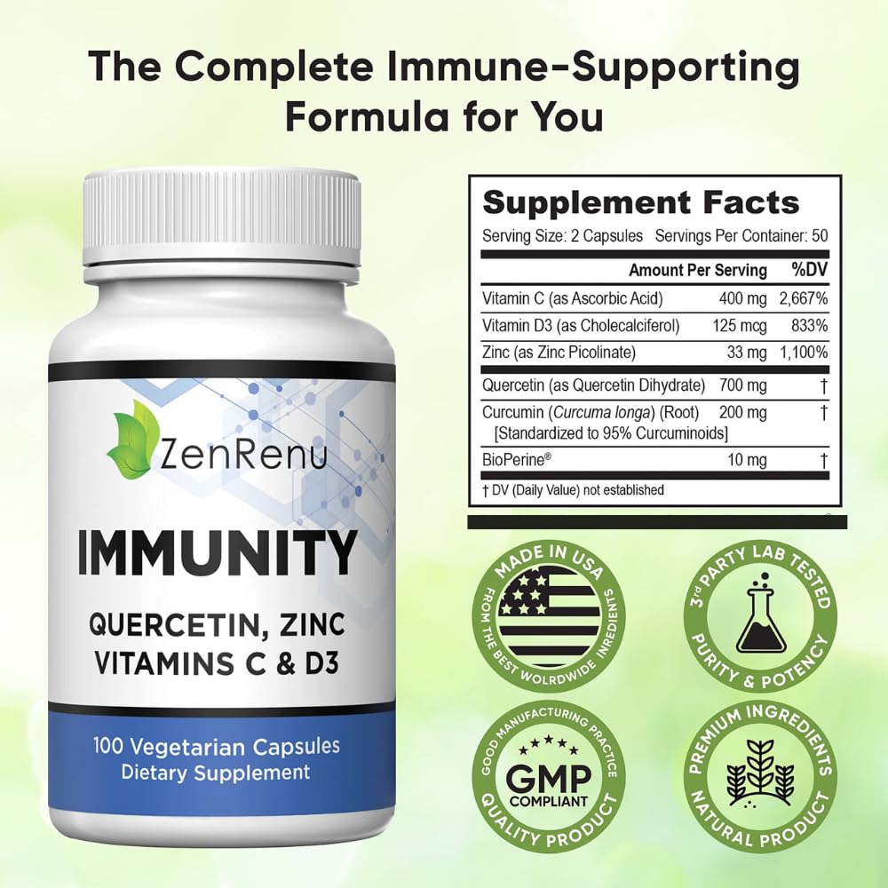 Zenrenu Immunity Quercetin 700 mg Zinc Vitamin C Vitamin D Immune Support Supplement with Curcumin - Easy to Absorb Immunity Supplement, 100 Vegetarian Capsules 50 Day Supply - TrustMedUSA
