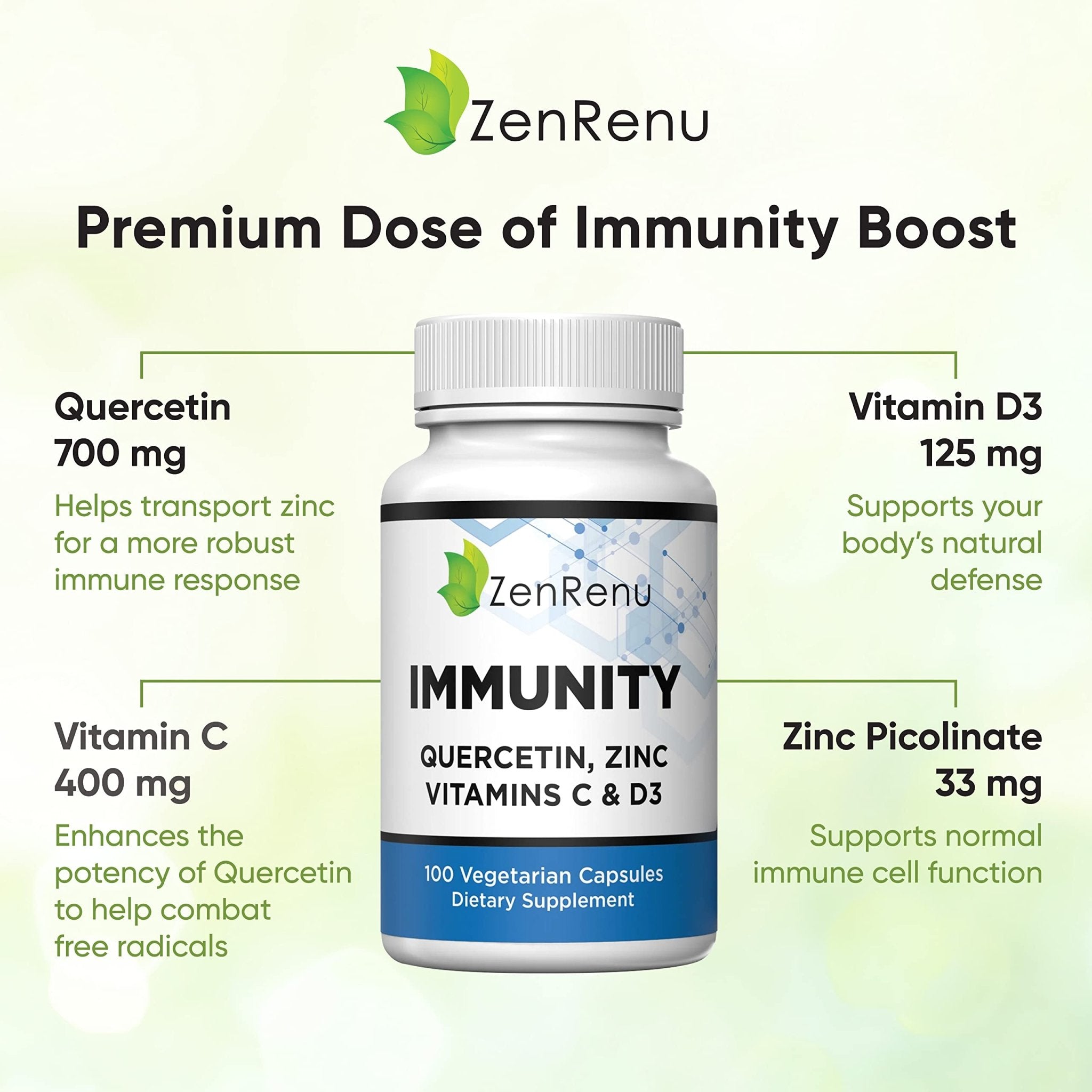 Zenrenu Immunity Quercetin 700 mg Zinc Vitamin C Vitamin D Immune Support Supplement with Curcumin - Easy to Absorb Immunity Supplement, 100 Vegetarian Capsules 50 Day Supply - TrustMedUSA