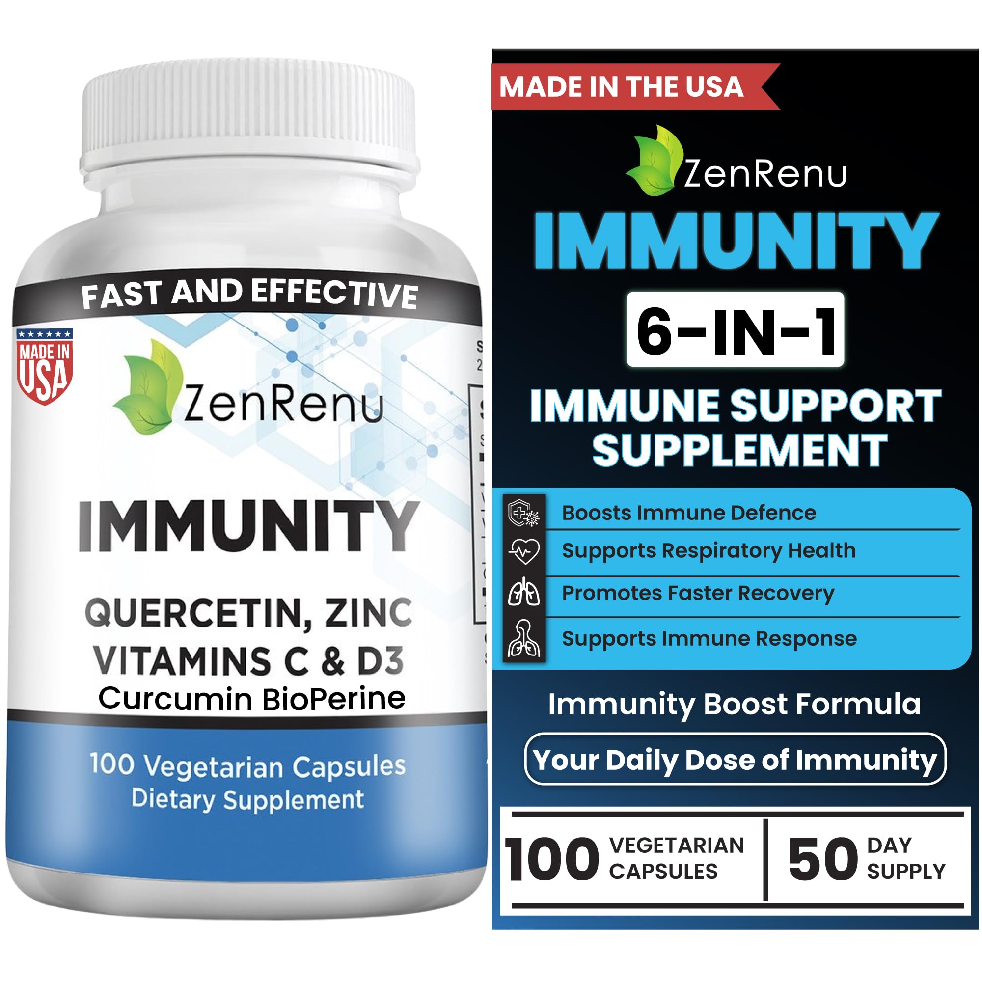 Zenrenu Immunity Quercetin 700 mg Zinc Vitamin C Vitamin D Immune Support Supplement with Curcumin - Easy to Absorb Immunity Supplement, 100 Vegetarian Capsules 50 Day Supply - TrustMedUSA