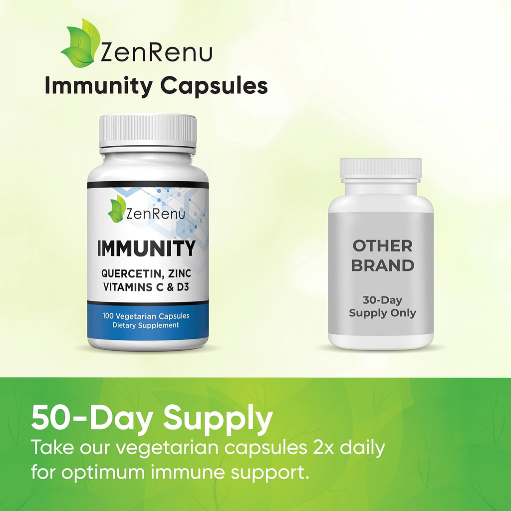 Zenrenu Immunity Quercetin 700 mg Zinc Vitamin C Vitamin D Immune Support Supplement with Curcumin - Easy to Absorb Immunity Supplement, 100 Vegetarian Capsules 50 Day Supply - TrustMedUSA