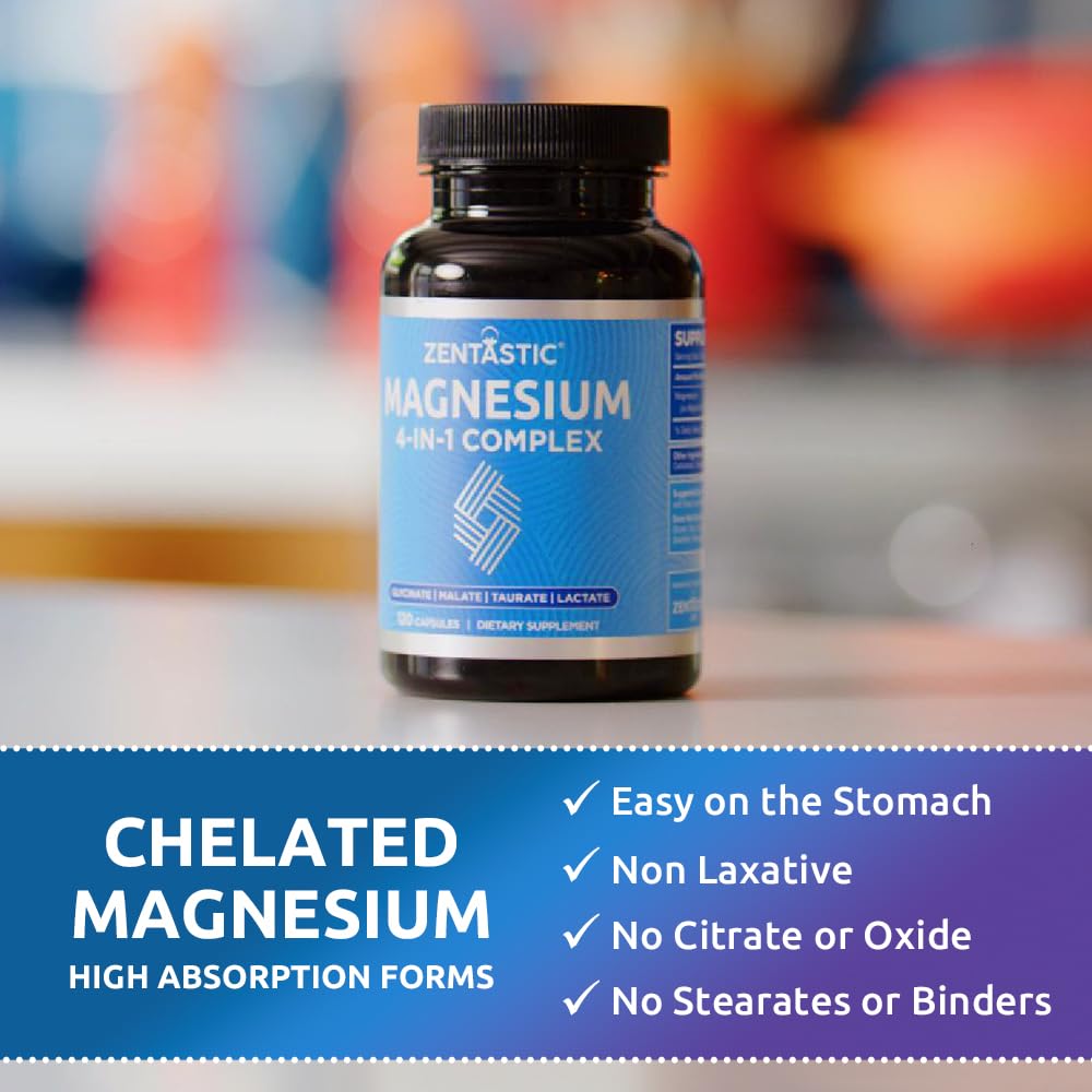 Zentastic Magnesium Complex 4-in-1 Supplement – Magnesium Glycinate, Malate, Taurate & Lactate – Chelated High Absorption for Nerves, - TrustMedUSA