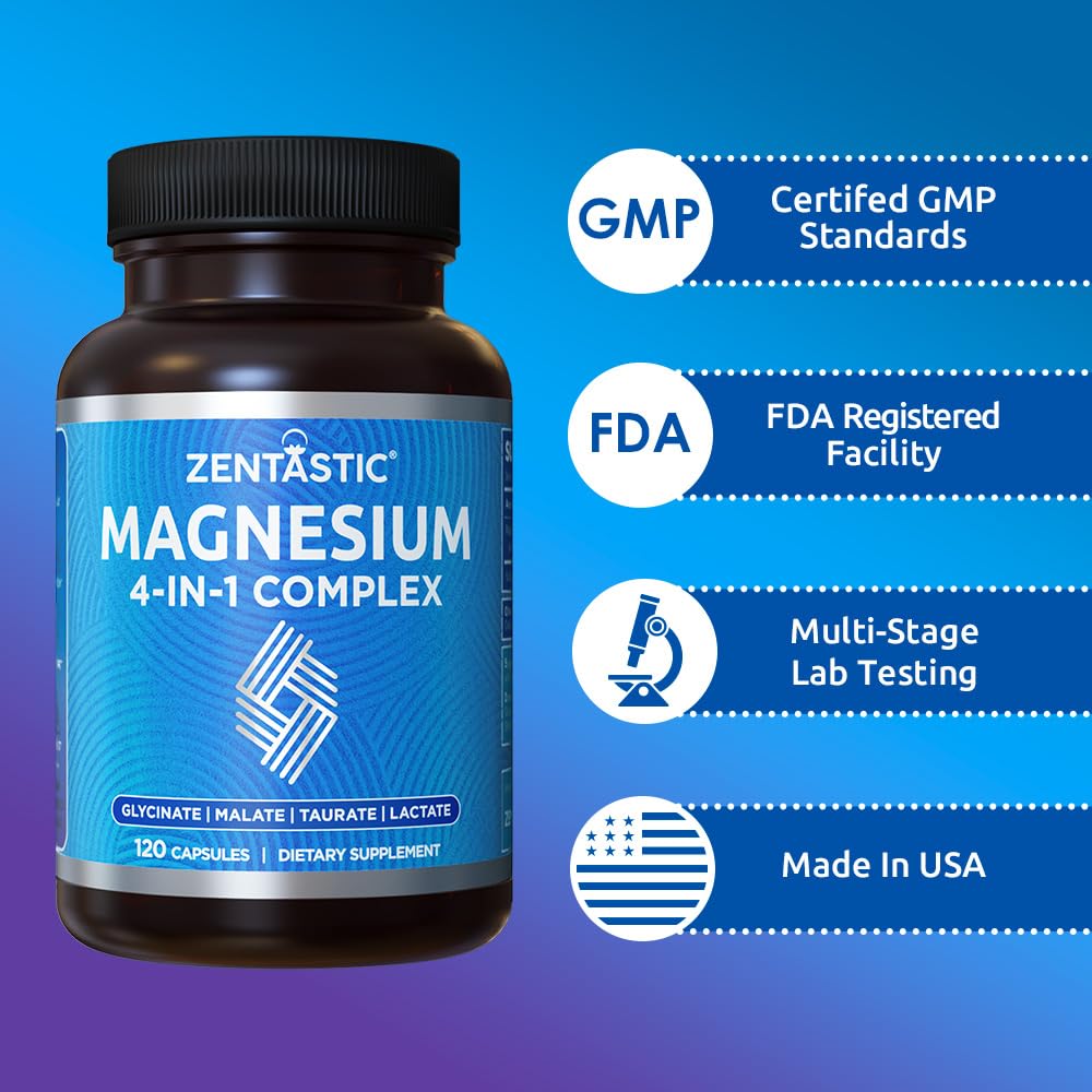 Zentastic Magnesium Complex 4-in-1 Supplement – Magnesium Glycinate, Malate, Taurate & Lactate – Chelated High Absorption for Nerves, - TrustMedUSA