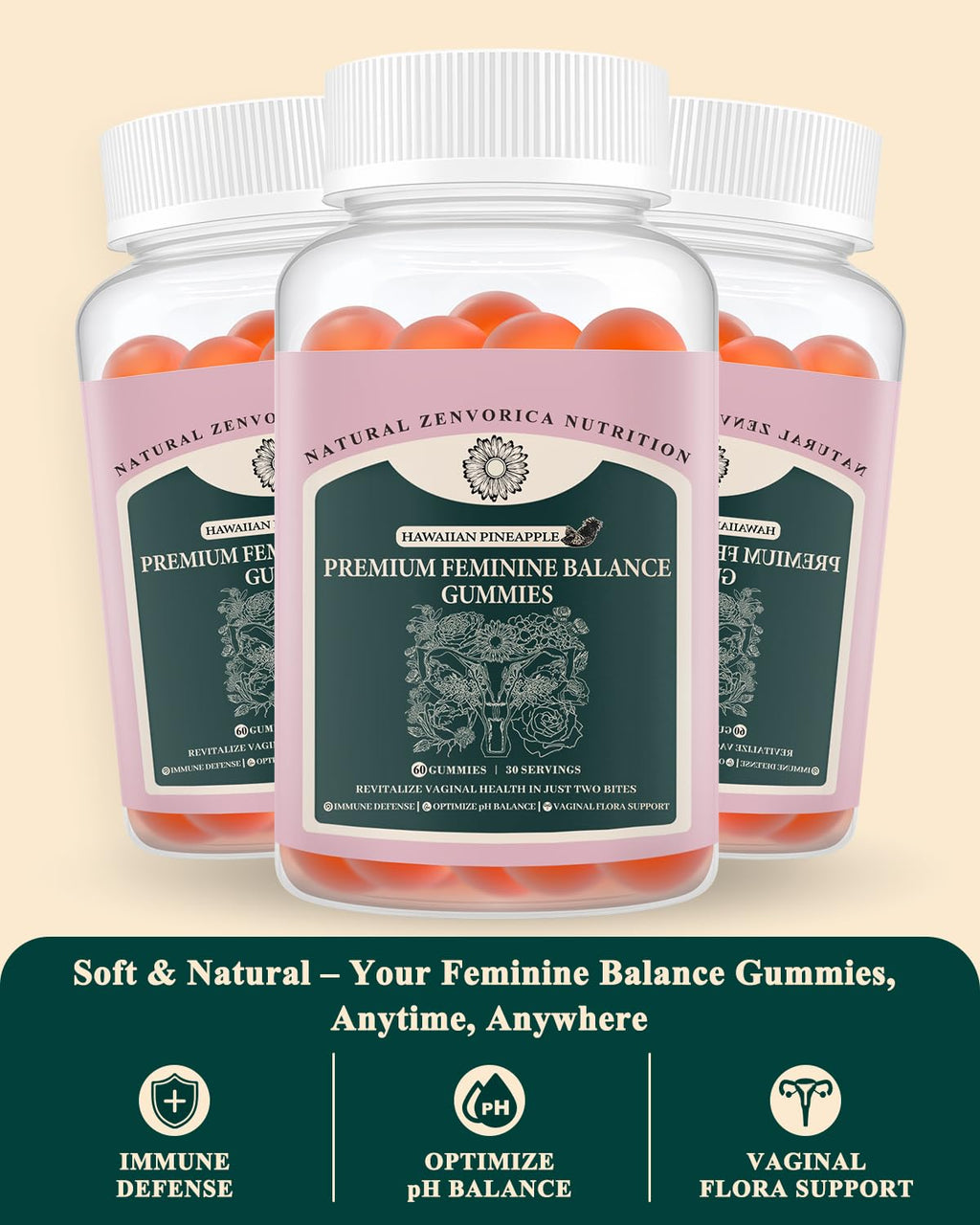 Zenvorica Premium Feminine Balance Gummies for Women - Hawaiian Pineapple pH Balance Probiotic Gummies for Odor and Flora Wellness, Immune Support, Vegan, 60 Count - TrustMedUSA
