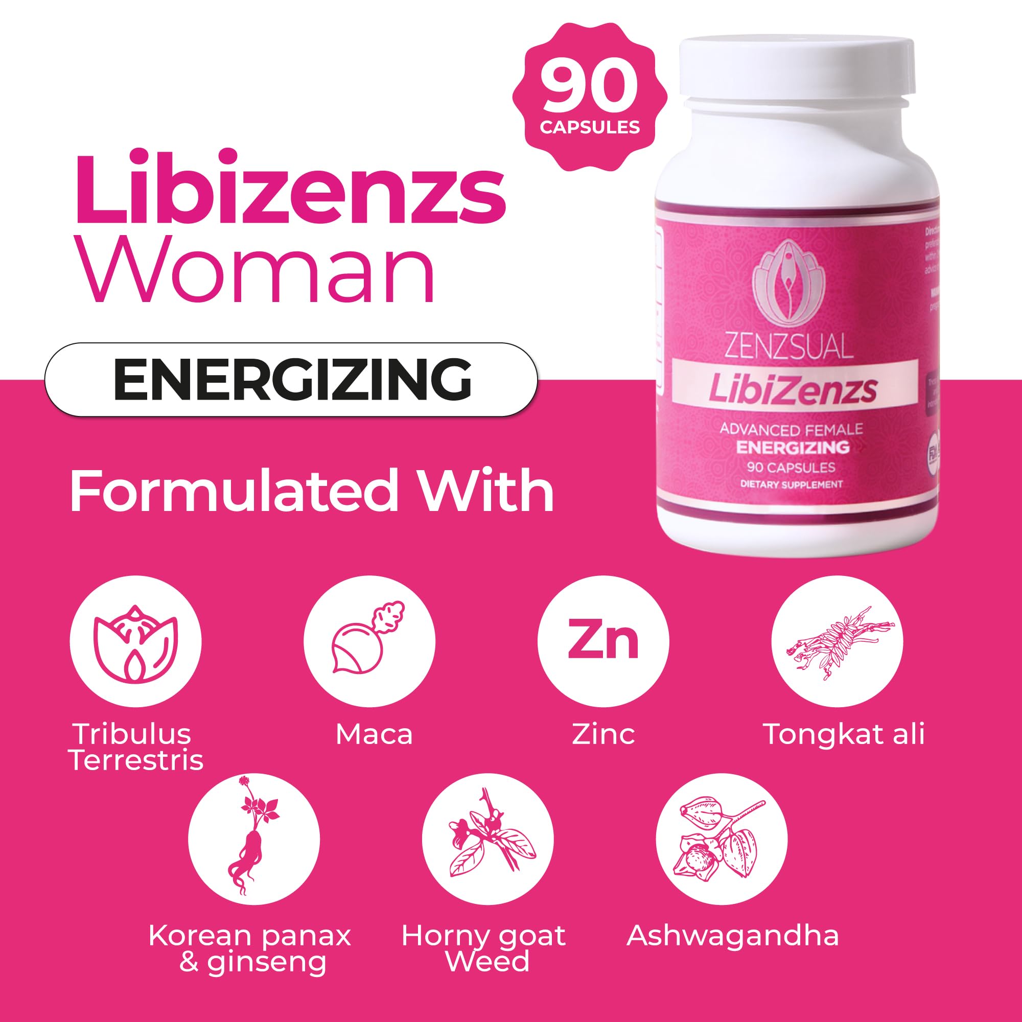 ZENZSUAL Libizenzs – Plant-Based Energy Support Supplement for Women – Caffeine-Free with Maca Root, Ashwagandha & Ginseng – Supports Daily Stamina, Focus & Well-Being – 90 Vegan Capsules - TrustMedUSA