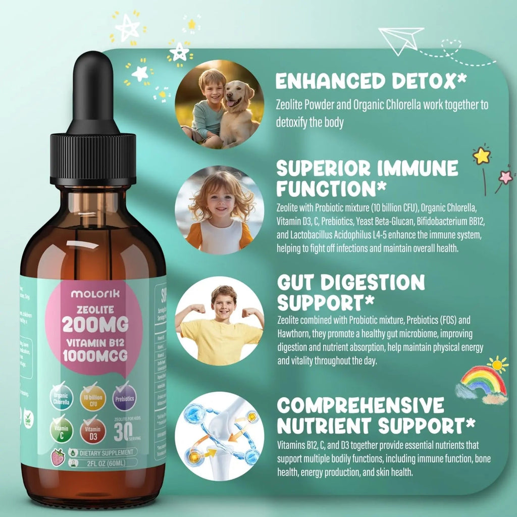 Zeolite Detox for Kids and Adults, 200mg Zeolite Liquid Drops with 1000mcg Vitamin B12, Organic Chlorella, 10 billion CFU & Prebiotics for Gut Support & Speech, Immune, Bone, Energy*, Strawberry, 60ML - TrustMedUSA
