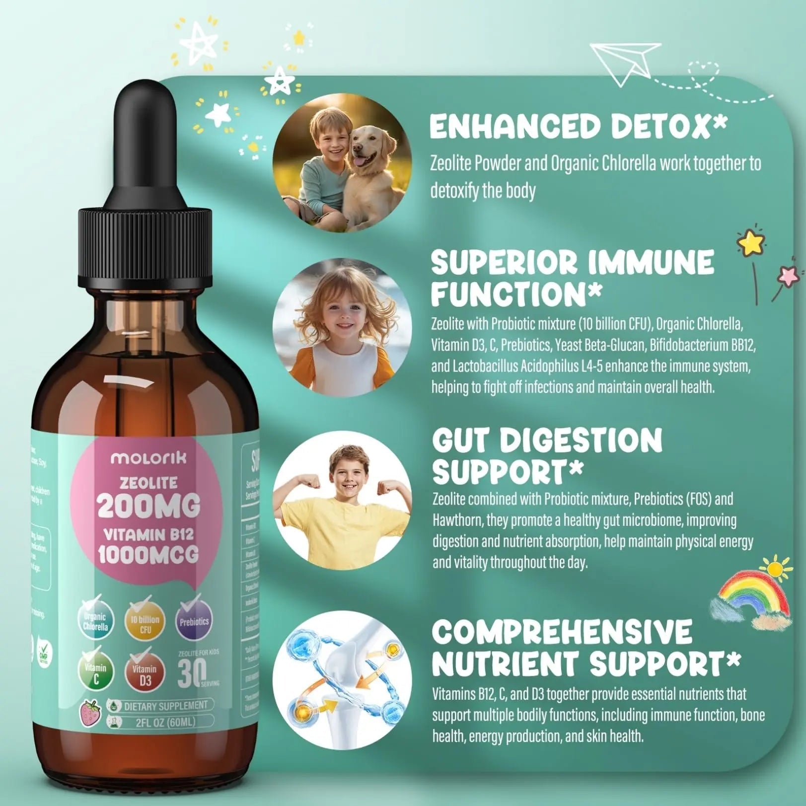 Zeolite Detox for Kids and Adults, 200mg Zeolite Liquid Drops with 1000mcg Vitamin B12, Organic Chlorella, 10 billion CFU & Prebiotics for Gut Support & Speech, Immune, Bone, Energy*, Strawberry, 60ML - TrustMedUSA
