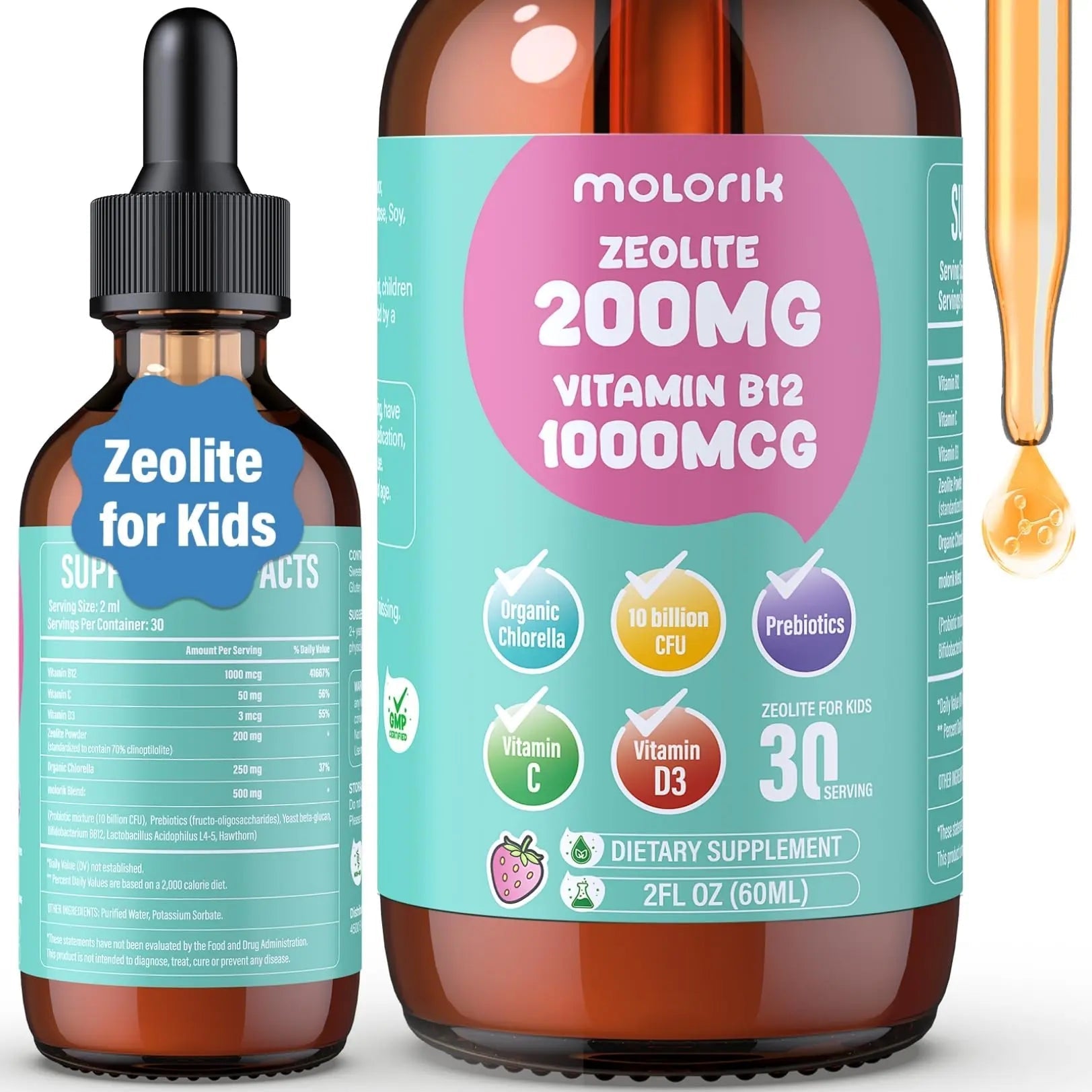 Zeolite Detox for Kids and Adults, 200mg Zeolite Liquid Drops with 1000mcg Vitamin B12, Organic Chlorella, 10 billion CFU & Prebiotics for Gut Support & Speech, Immune, Bone, Energy*, Strawberry, 60ML - TrustMedUSA