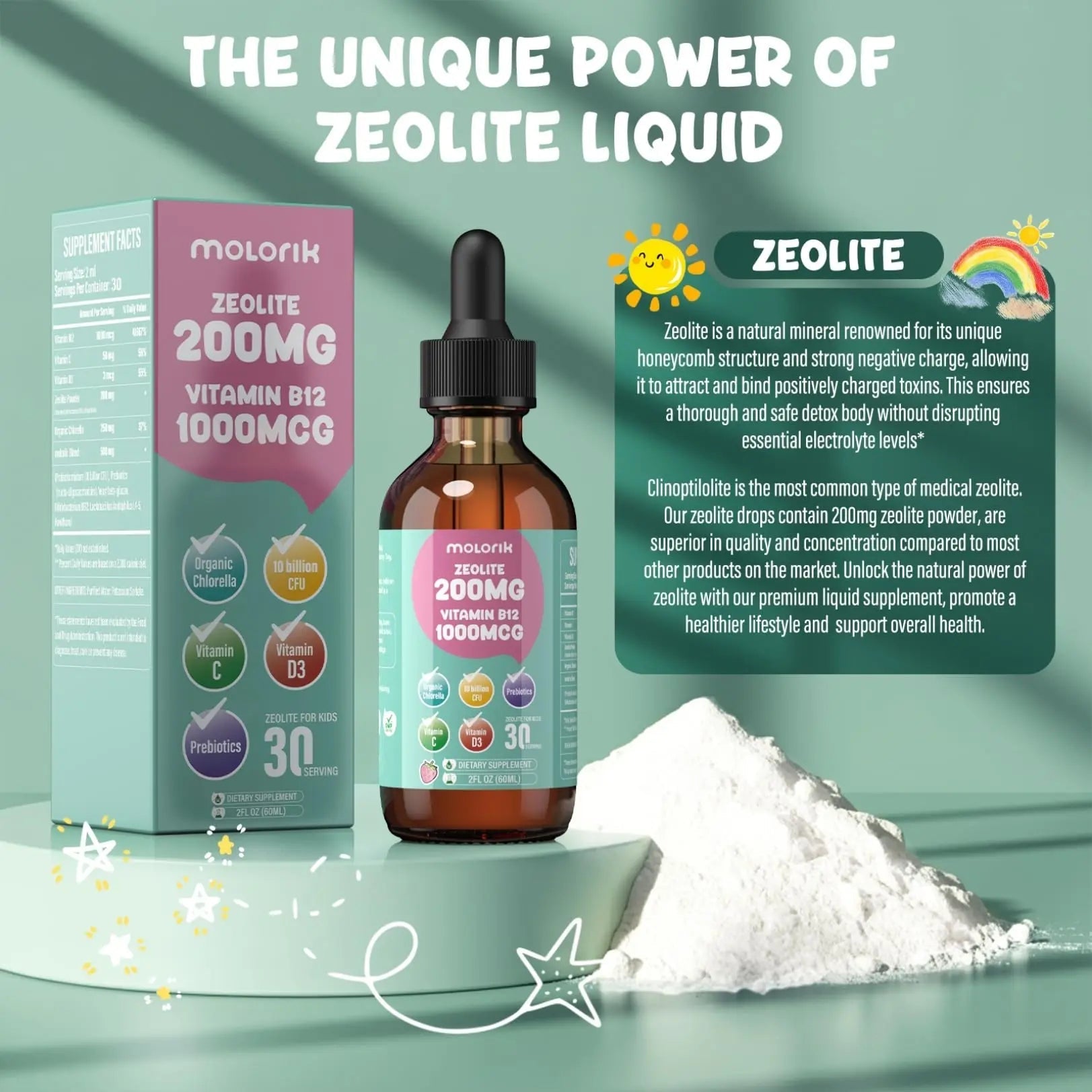 Zeolite Detox for Kids and Adults, 200mg Zeolite Liquid Drops with 1000mcg Vitamin B12, Organic Chlorella, 10 billion CFU & Prebiotics for Gut Support & Speech, Immune, Bone, Energy*, Strawberry, 60ML - TrustMedUSA