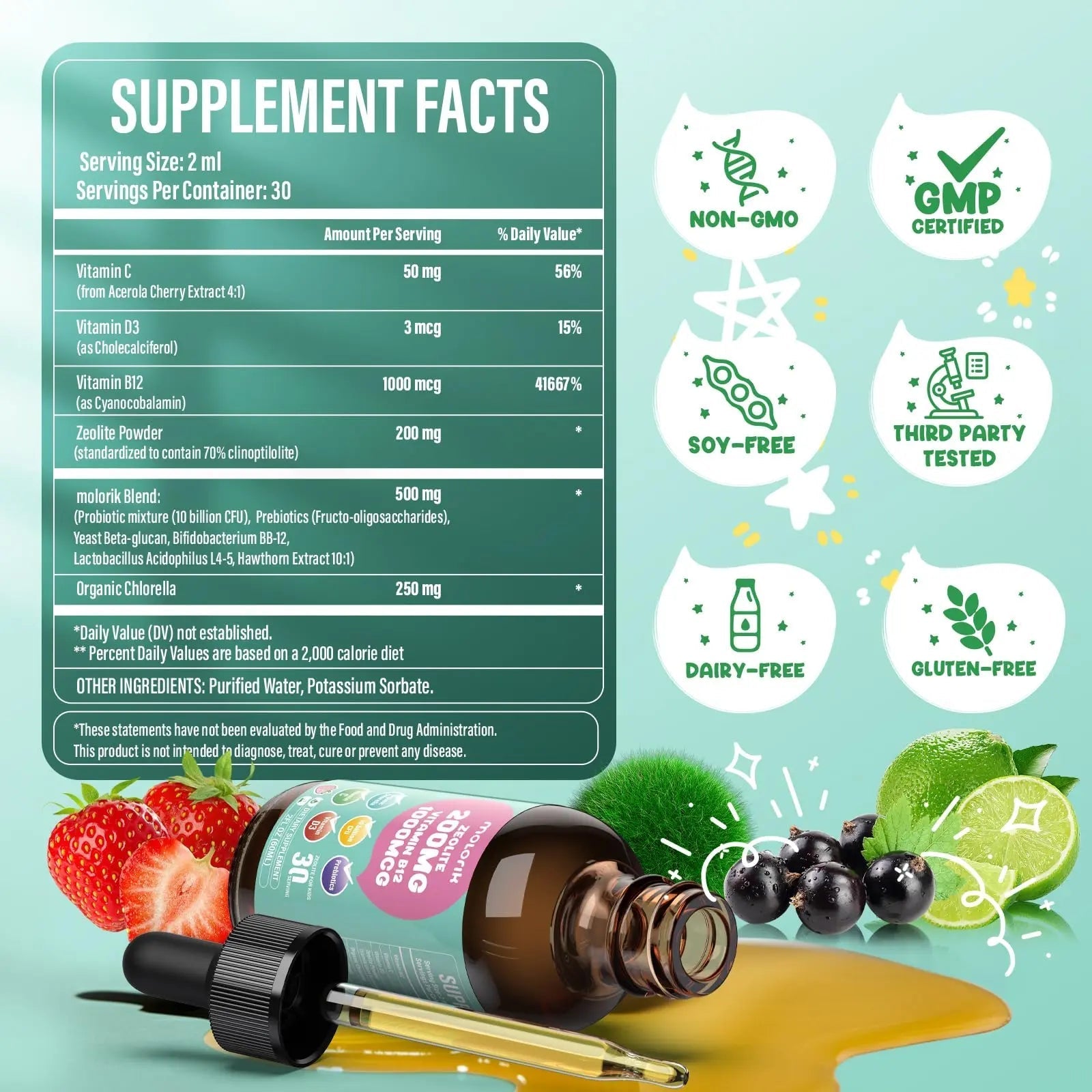 Zeolite Detox for Kids and Adults, 200mg Zeolite Liquid Drops with 1000mcg Vitamin B12, Organic Chlorella, 10 billion CFU & Prebiotics for Gut Support & Speech, Immune, Bone, Energy*, Strawberry, 60ML - TrustMedUSA