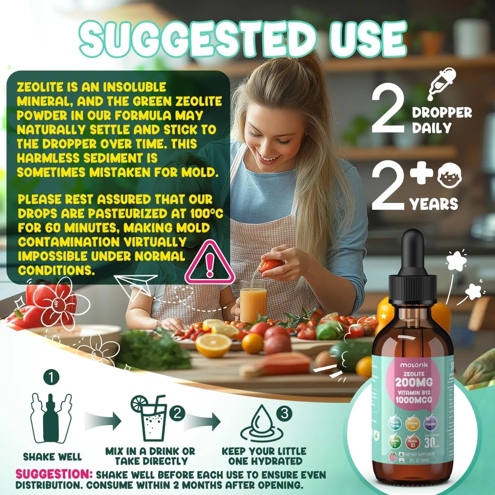 Zeolite Detox for Kids and Adults, 200mg Zeolite Liquid Drops with 1000mcg Vitamin B12, Organic Chlorella, 10 billion CFU & Prebiotics for Gut Support & Speech, Immune, Bone, Energy*, Strawberry, 60ML - TrustMedUSA