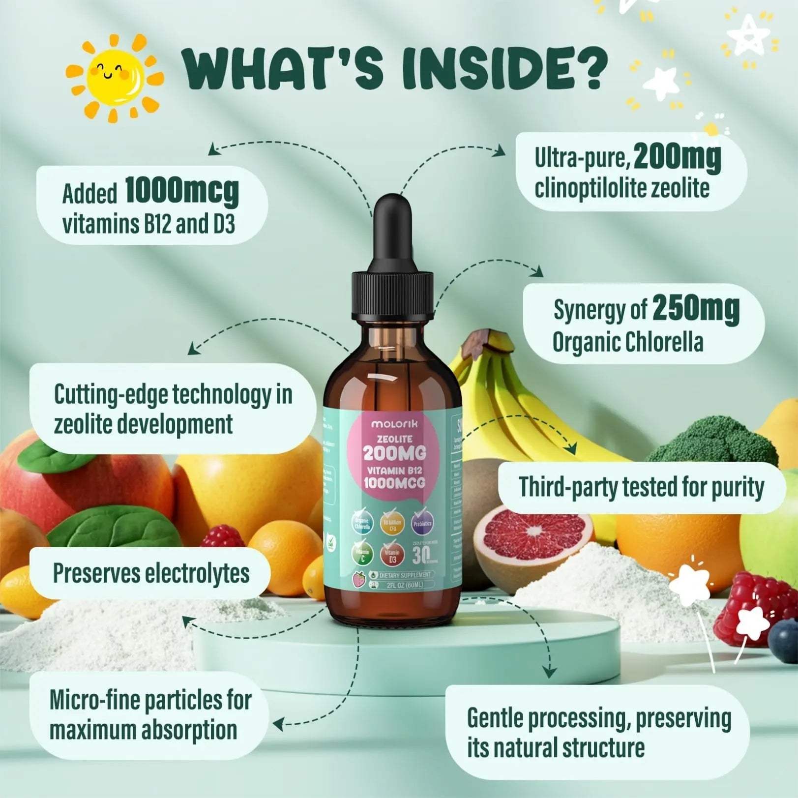 Zeolite Detox for Kids and Adults, 200mg Zeolite Liquid Drops with 1000mcg Vitamin B12, Organic Chlorella, 10 billion CFU & Prebiotics for Gut Support & Speech, Immune, Bone, Energy*, Strawberry, 60ML - TrustMedUSA