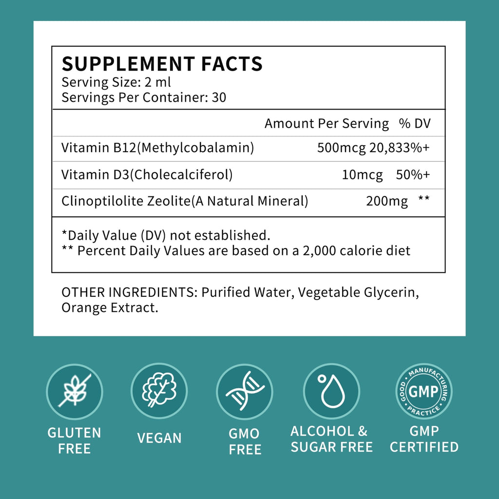 Zeolite Drops for Women,Adults and Kids- Clinoptilolite Zeolite Liquid Drops with Vitamin B12 & D3 - Heavy Metal Support, Immune Health, Natural Metabolism, Energy & Clear Skin - 30 Day Vegan Supply - TrustMedUSA