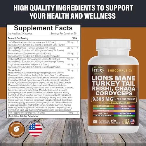 Zeus Naturals Lions Mane Capsules, Mushroom Supplement with Turkey Tail, Cordyceps - TrustMedUSA