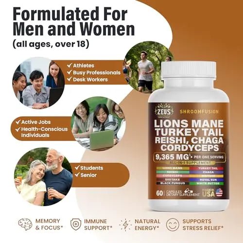 Zeus Naturals Lions Mane Capsules, Mushroom Supplement with Turkey Tail, Cordyceps - TrustMedUSA