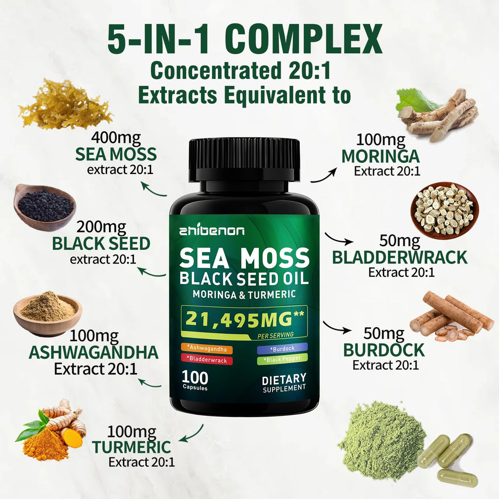 Zhibenon Sea Moss Capsules with Bladderwrack & Burdock - 50 Day Supply - Powerful Formula with Black Seed Oil, Ashwagandha, Turmeric, Vitamin C, Vitamin D3, Moringa & Black Pepper Extract - TrustMedUSA