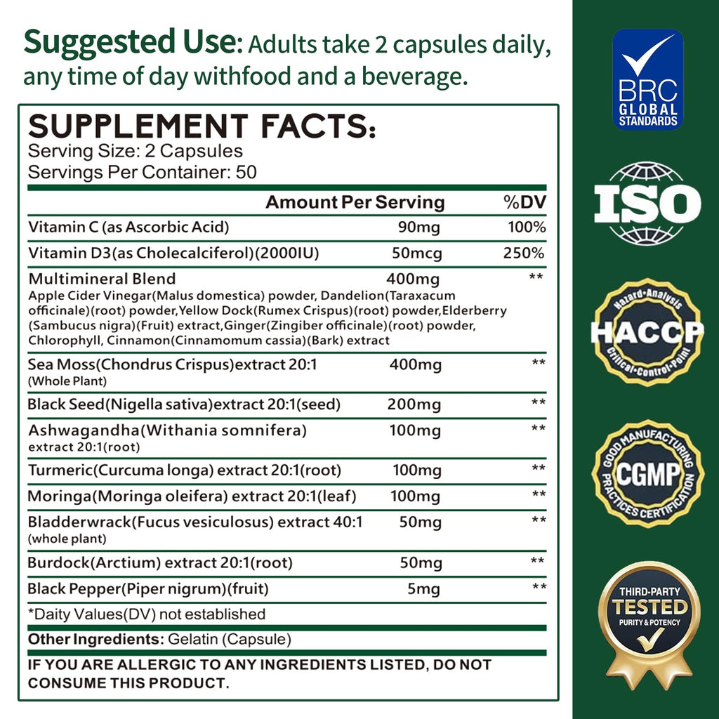 Zhibenon Sea Moss Capsules with Bladderwrack & Burdock - 50 Day Supply - Powerful Formula with Black Seed Oil, Ashwagandha, Turmeric, Vitamin C, Vitamin D3, Moringa & Black Pepper Extract - TrustMedUSA