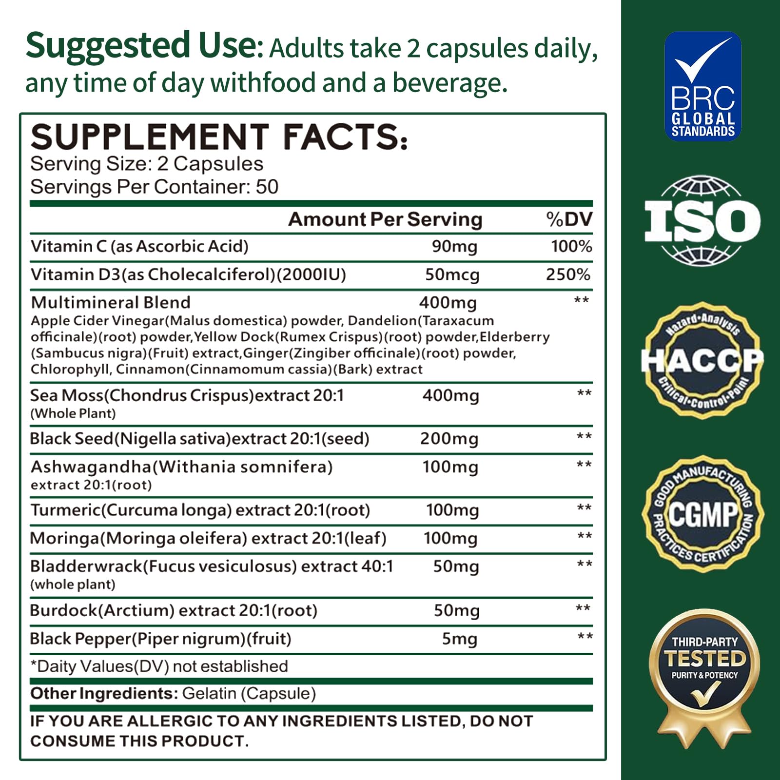 Zhibenon Sea Moss Capsules with Bladderwrack & Burdock - 50 Day Supply - Powerful Formula with Black Seed Oil, Ashwagandha, Turmeric, Vitamin C, Vitamin D3, Moringa & Black Pepper Extract - TrustMedUSA
