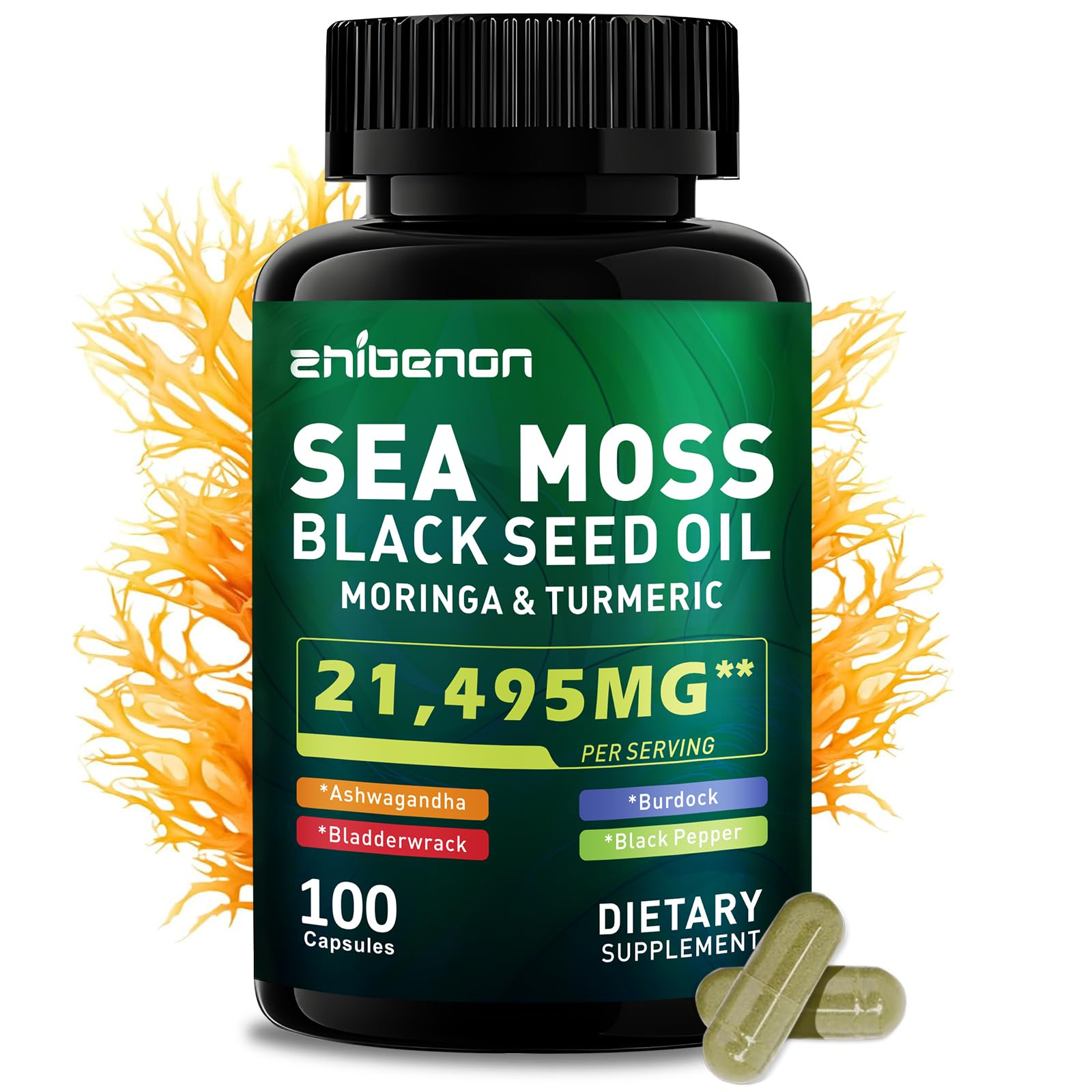 Zhibenon Sea Moss Capsules with Bladderwrack & Burdock - 50 Day Supply - Powerful Formula with Black Seed Oil, Ashwagandha, Turmeric, Vitamin C, Vitamin D3, Moringa & Black Pepper Extract - TrustMedUSA