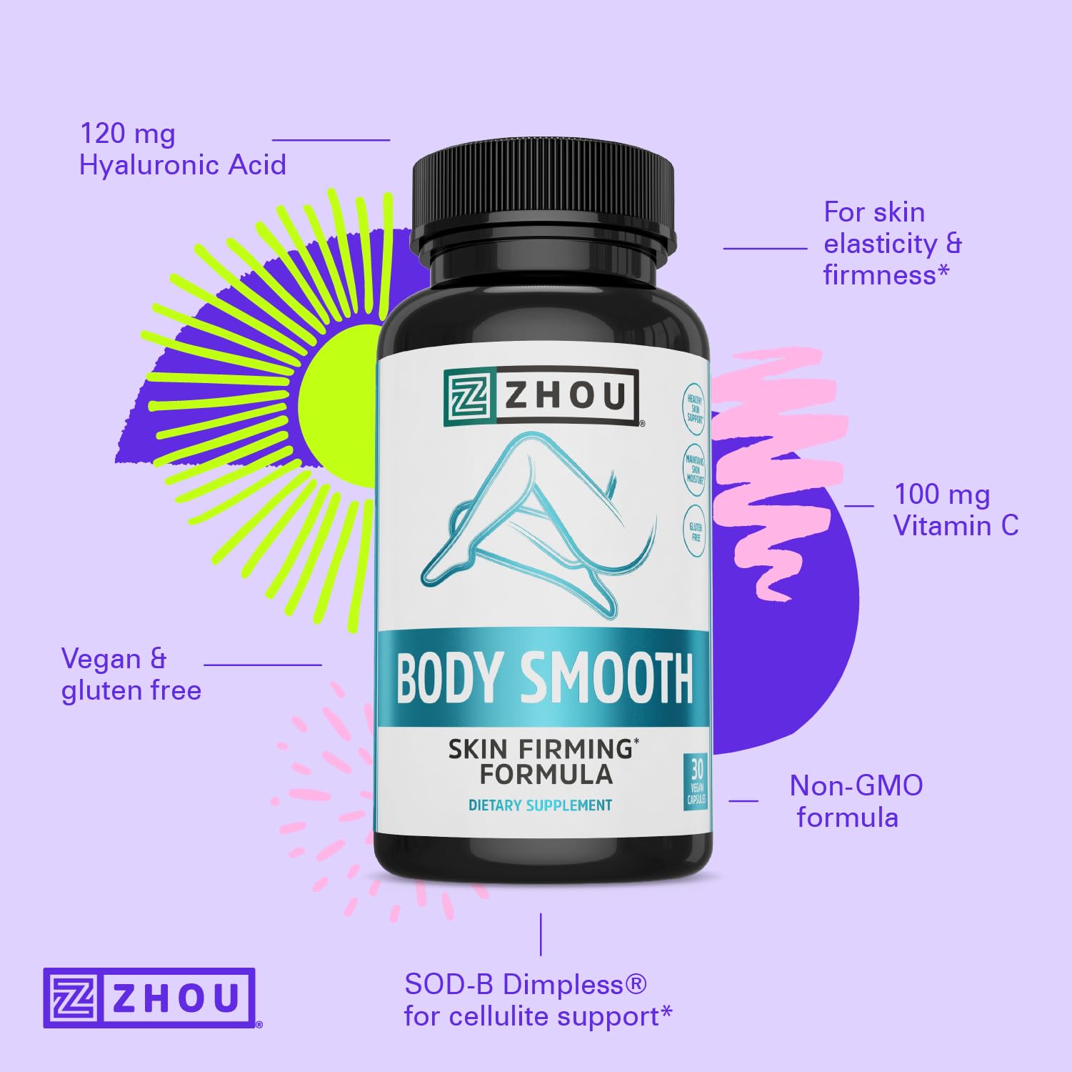 Zhou Body Smooth - Cellulite Pills for Women, Dimpless Anti Cellulite Supplement for Firm Smooth Skin with Hyaluronic Acid & Vitamin C, Skincare for Thigh, Legs, Butt, Supports Hydration - 30 Capsules - TrustMedUSA