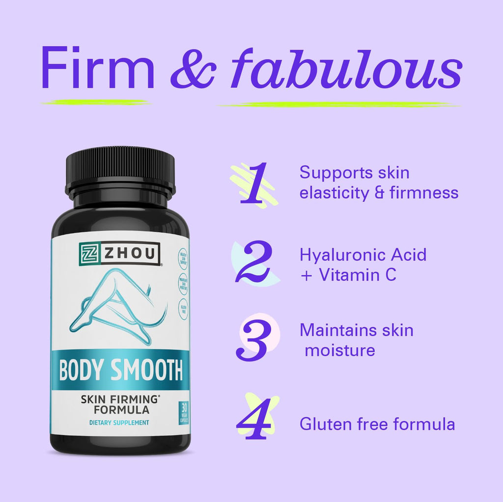 Zhou Body Smooth - Cellulite Pills for Women, Dimpless Anti Cellulite Supplement for Firm Smooth Skin with Hyaluronic Acid & Vitamin C, Skincare for Thigh, Legs, Butt, Supports Hydration - 30 Capsules - TrustMedUSA