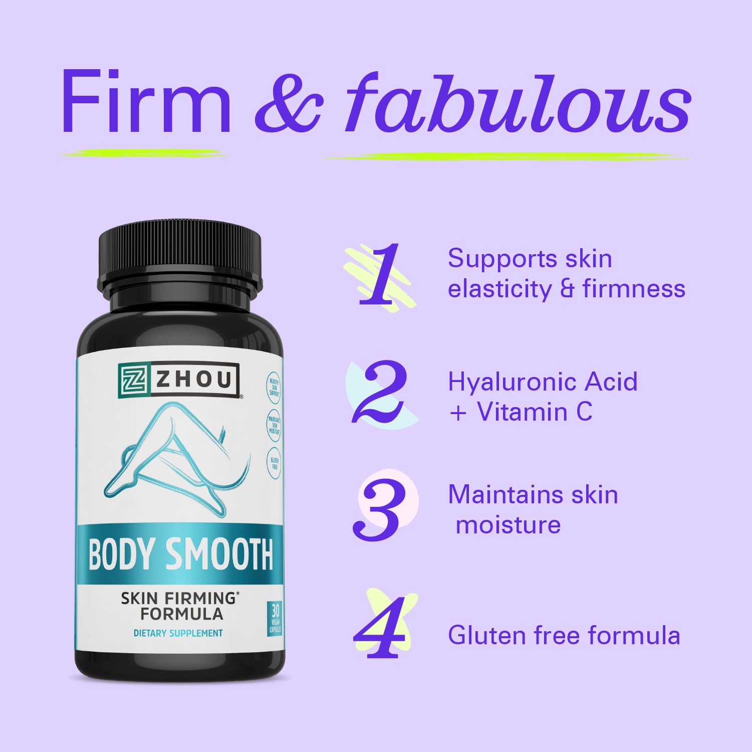 Zhou Body Smooth - Cellulite Pills for Women, Dimpless Anti Cellulite Supplement for Firm Smooth Skin with Hyaluronic Acid & Vitamin C, Skincare for Thigh, Legs, Butt, Supports Hydration - 30 Capsules - TrustMedUSA