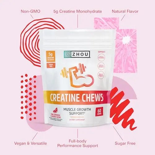 Zhou Nutrition Creatine Monohydrate Chewables 5g for Men & Women, Sugar Free - TrustMedUSA