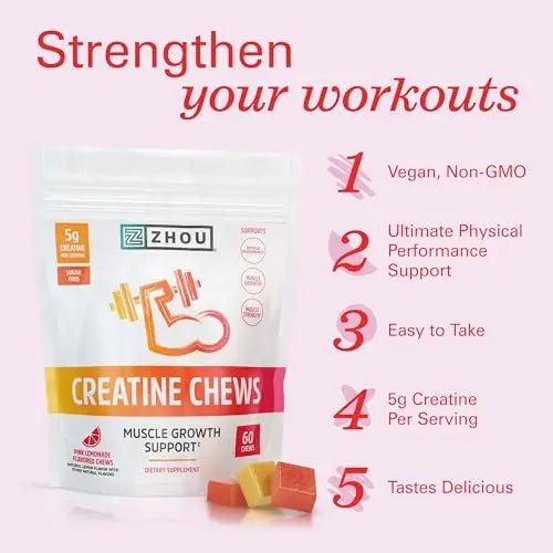 Zhou Nutrition Creatine Monohydrate Chewables 5g for Men & Women, Sugar Free - TrustMedUSA