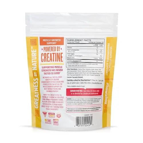 Zhou Nutrition Creatine Monohydrate Chewables 5g for Men & Women, Sugar Free - TrustMedUSA