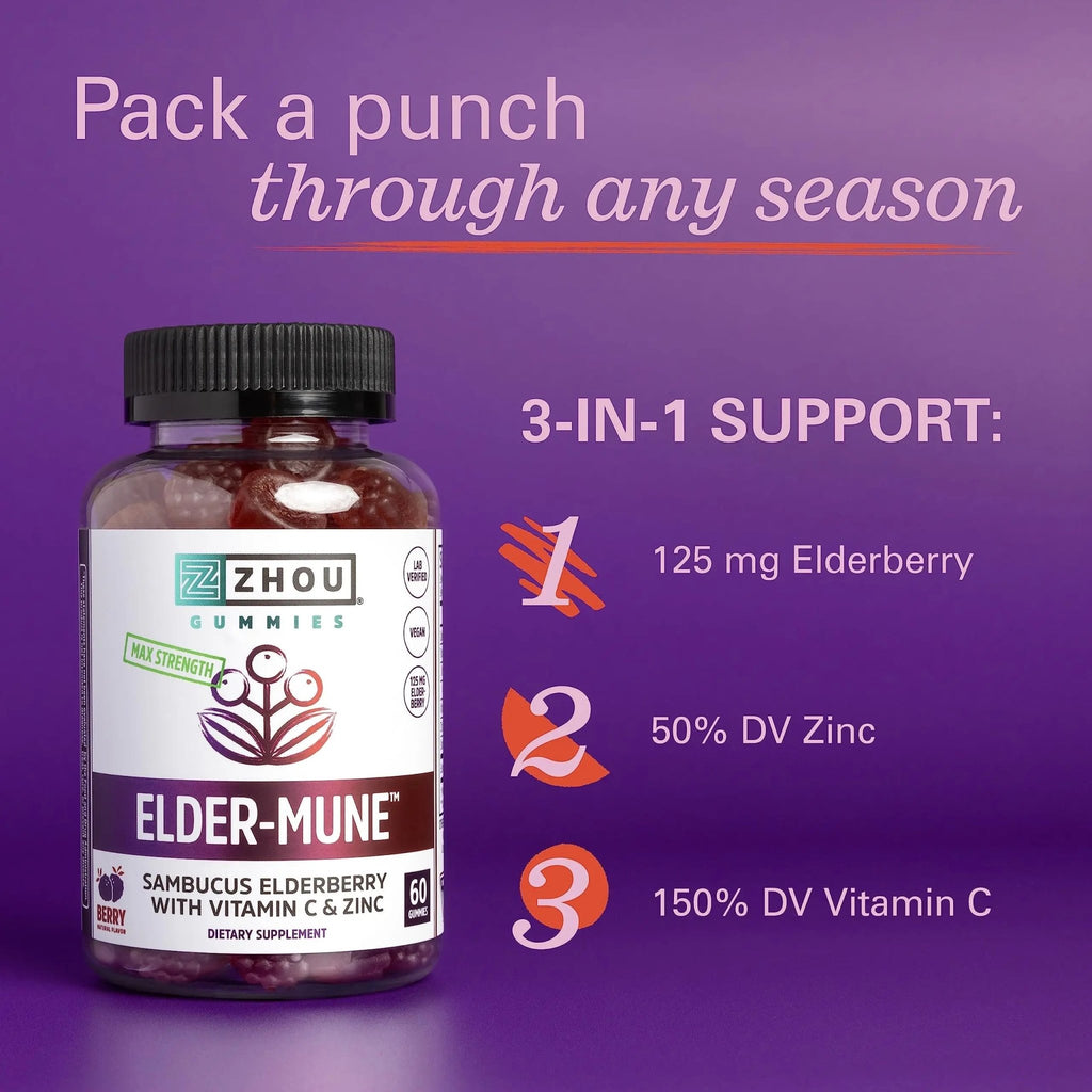 Zhou Nutrition Elder-Mune Sambucus Elderberry Gummies with Zinc and Vitamin C & vH - TrustMedUSA