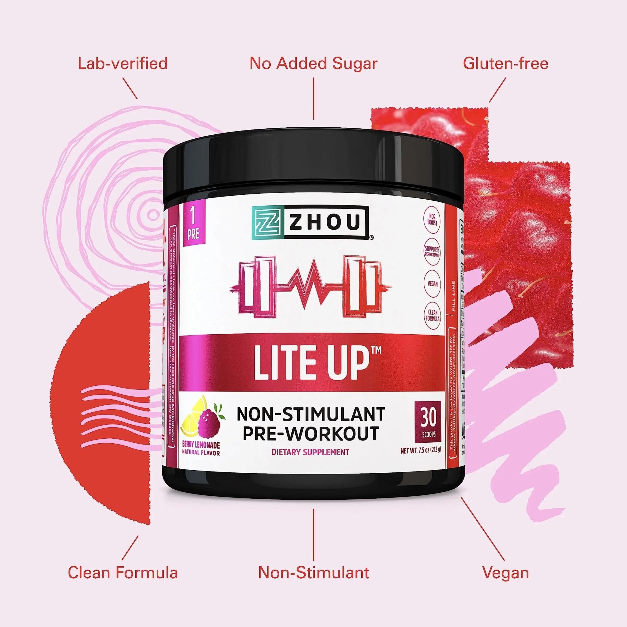 Zhou Nutrition Lite Up, Non-Stimulant Pre Workout Powder, Caffeine Free Nitric Oxide - TrustMedUSA