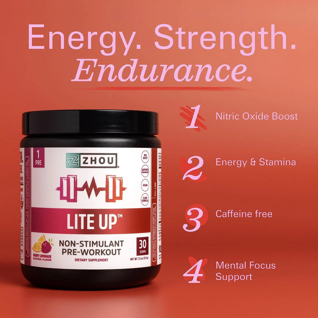 Zhou Nutrition Lite Up, Non-Stimulant Pre Workout Powder, Caffeine Free Nitric Oxide - TrustMedUSA