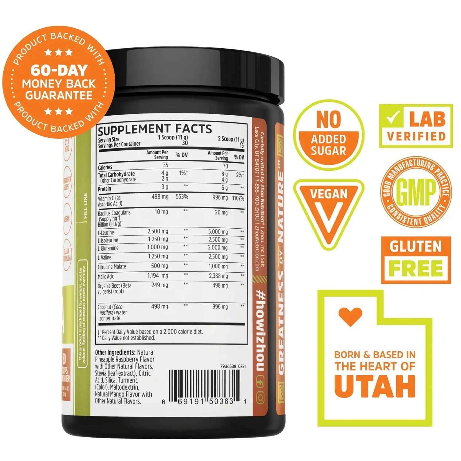 Zhou Nutrition Muscle BCAA Powder, Vegan Muscle Recovery, Natural, Clean Formula - TrustMedUSA