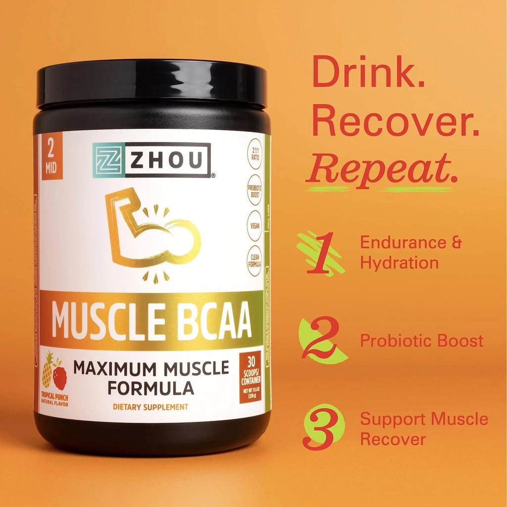 Zhou Nutrition Muscle BCAA Powder, Vegan Muscle Recovery, Natural, Clean Formula - TrustMedUSA