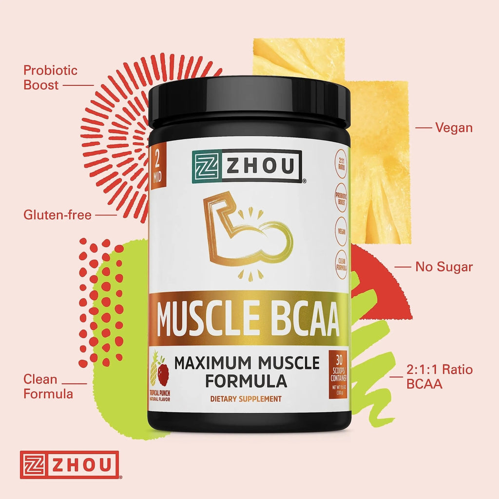 Zhou Nutrition Muscle BCAA Powder, Vegan Muscle Recovery, Natural, Clean Formula - TrustMedUSA