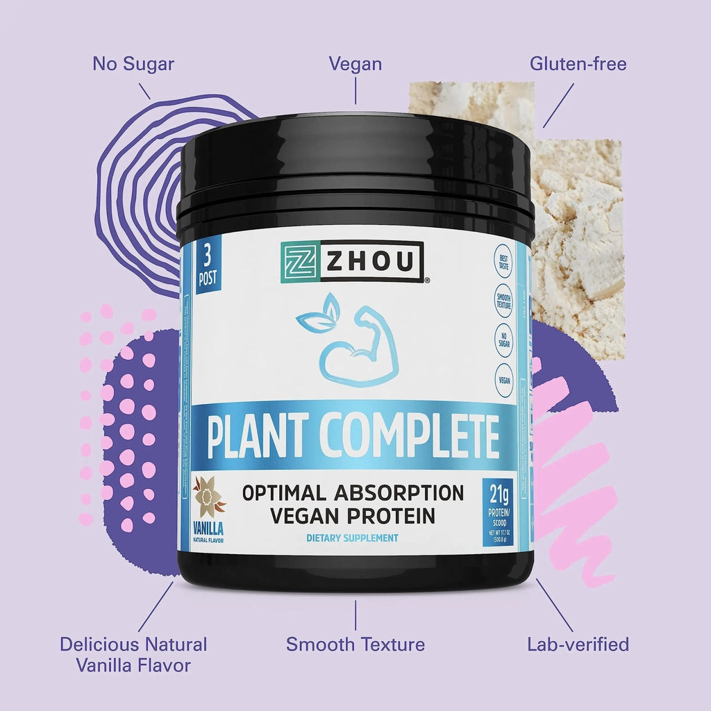 Zhou Nutrition Plant Based Vegan Protein Powder, Best Absorption Digest Score, Complete - TrustMedUSA