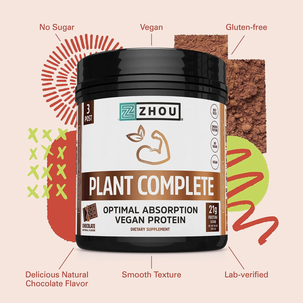 Zhou Nutrition Plant Based Vegan Protein Powder, Best Absorption Digest Score, Complete - TrustMedUSA