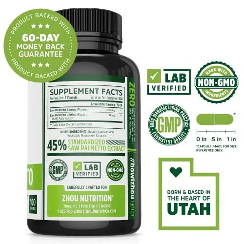 Zhou Nutrition Saw Palmetto Extract 500 mg, Prostate Health, Urinary Tract Support, DHT - TrustMedUSA
