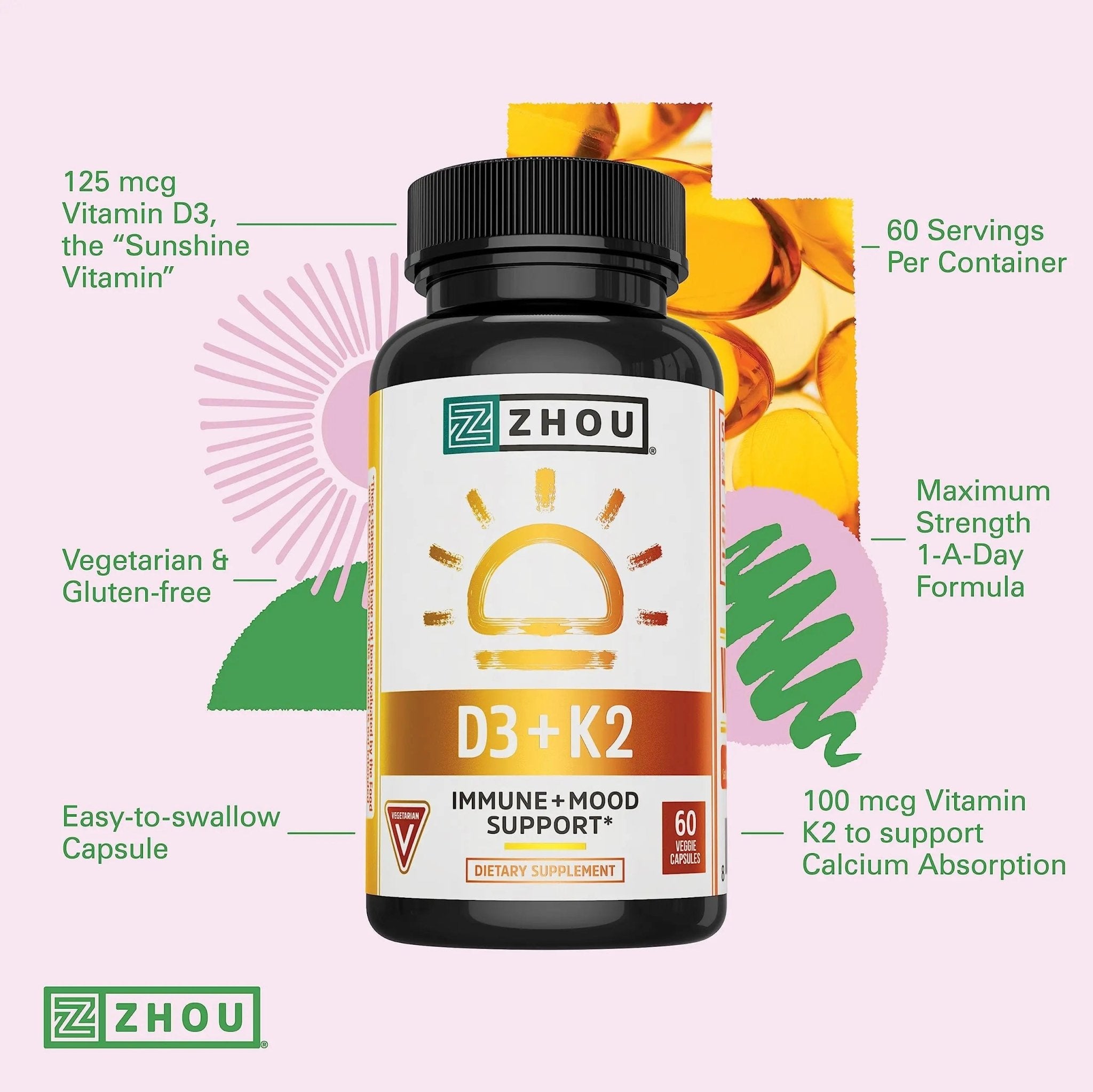 Zhou Nutrition Vitamin D3 K2, Bone and Heart Health Formula 5000 IU Vitamin D3 & 90 mcg - TrustMedUSA