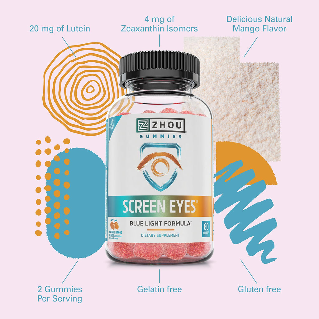 Zhou Screen Eyes Gummies - Lutein Gummies for Eye Health, Lutein and Zeaxanthin for Adults & Kids, Supports Eyesight, Blue Light Vision Health Formula - 60 Count - TrustMedUSA