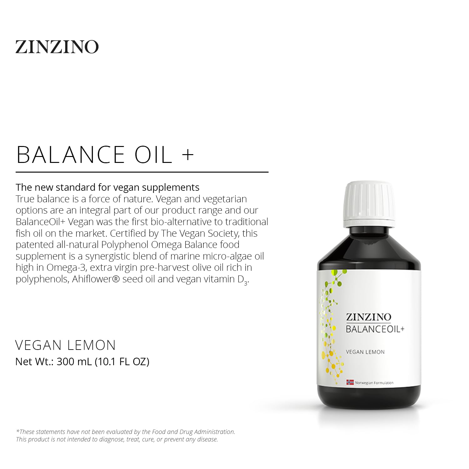 Zinzino - BalanceOil+ Vegan Lemon, Synergistic Blend with Marine Micro-Algae, Olive Oil, Ahiflower Seed Oil, Vegan Vitamin D3-300 ml - TrustMedUSA