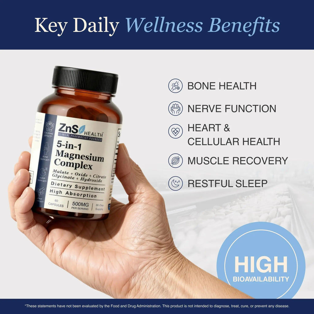 ZnS Health Spectrum 5 Magnesium Complex for Women & Men – 5 Magnesium Complex Supplement with Glycinate, Malate, Citrate & Hydroxide for Sleep, Muscle Recovery & Calm – 500mg Vegan – 60 Capsules - TrustMedUSA