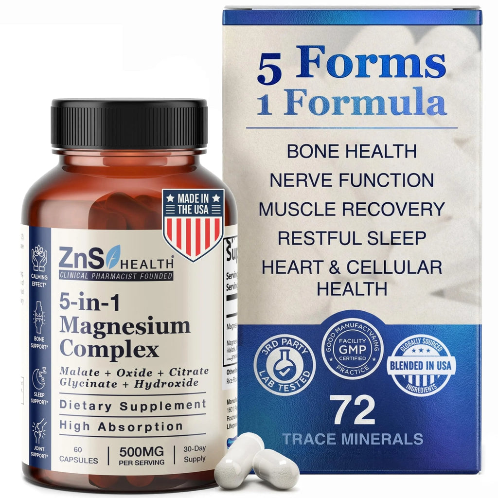 ZnS Health Spectrum 5 Magnesium Complex for Women & Men – 5 Magnesium Complex Supplement with Glycinate, Malate, Citrate & Hydroxide for Sleep, Muscle Recovery & Calm – 500mg Vegan – 60 Capsules - TrustMedUSA